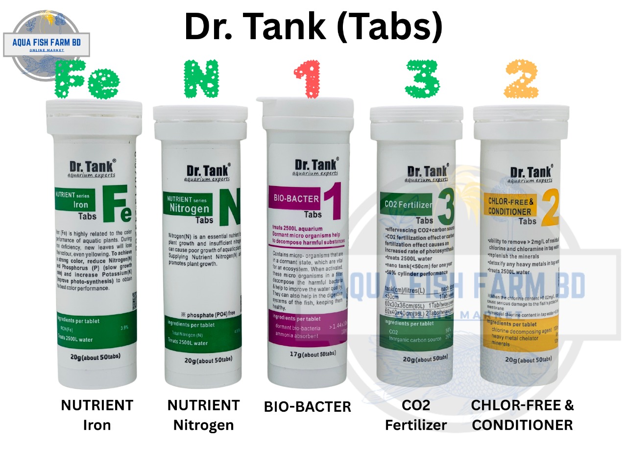 Dr.Tank (Tabs) Fe NUTRIENT Iron, N NUTRIENT Nitrogen, 1 BIO-BACTER, 2 CHLOR-FREE & CONDITIONER, 3 CO2 Fertilizer